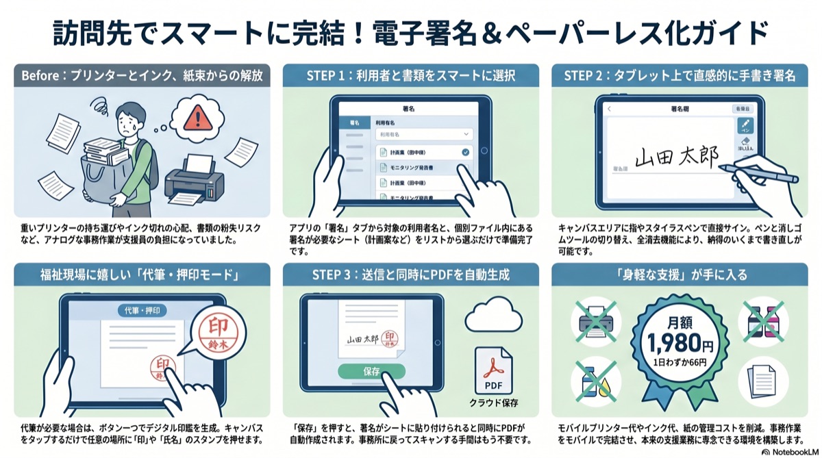 スマホ記録と訪問先電子署名の画面