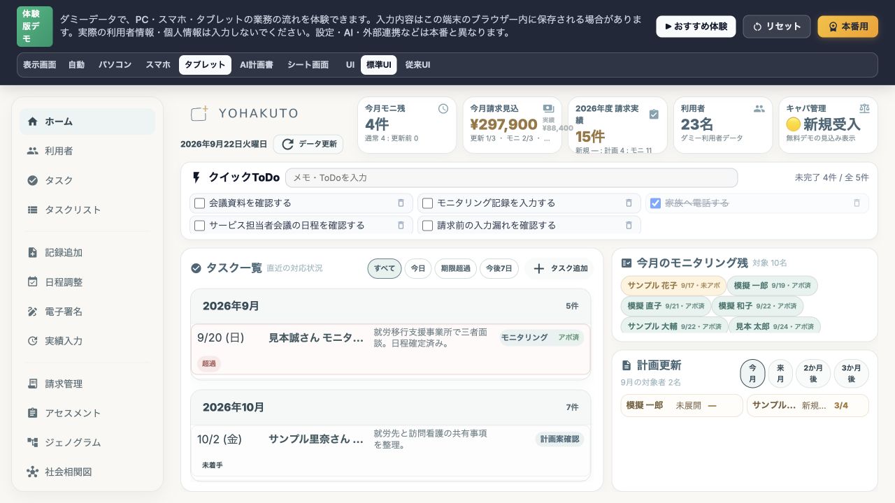 タブレット表示の画面。合成データ